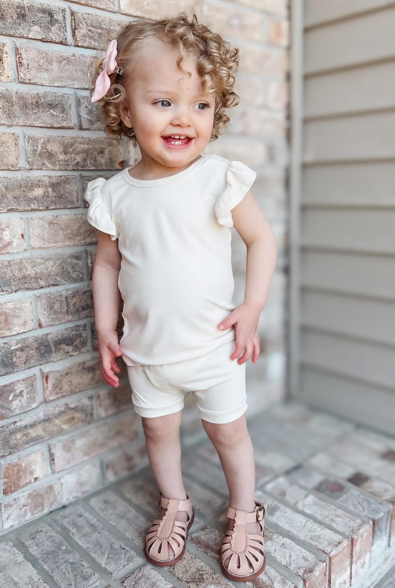 Ruffle Ribbed Short Set | Cream