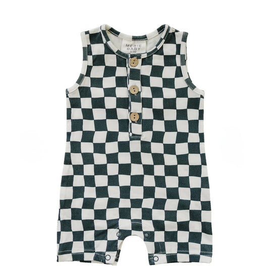 Charcoal Wavy Checkered Short Romper