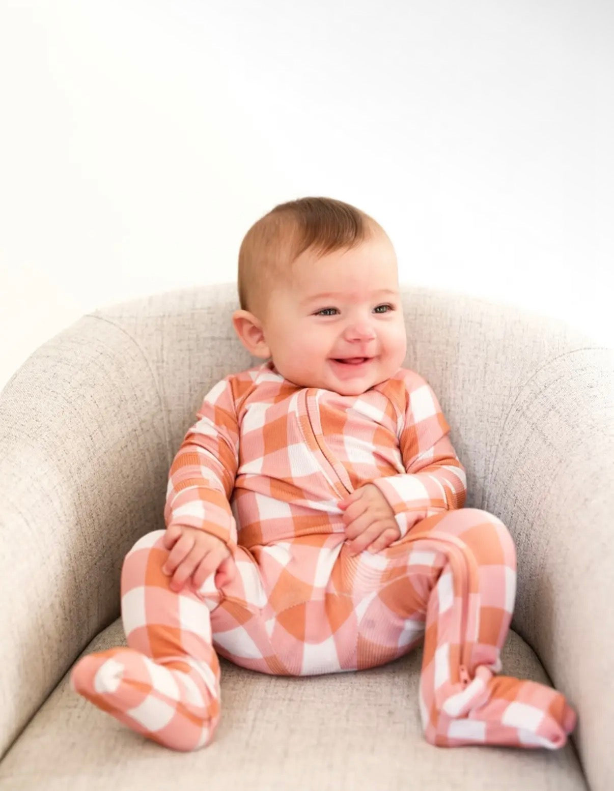 Coral Gingham Ribbed Bamboo Zippy & 2 Piece Set