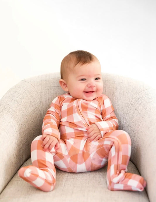 Coral Gingham Ribbed Bamboo Zippy & 2 Piece Set